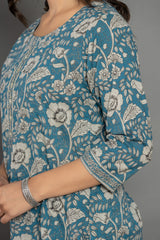 Teal Blue Floral Cotton Suit Set