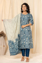 Figure Folk Print Blue Cotton Silk Suit Set