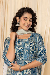 Figure Folk Print Blue Cotton Silk Suit Set